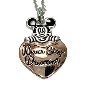 Silver Mickey Mouse Heart Necklace Rose Gold Plated Don't Stop Dreaming 16-18"